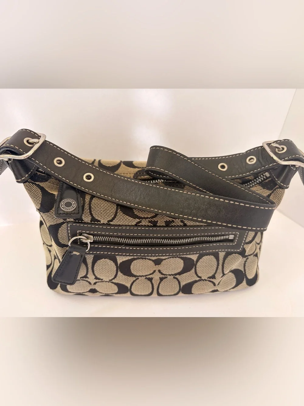 Coach Black and Beige Signature Canvas Shoulder Bag - Picture 2 of 6